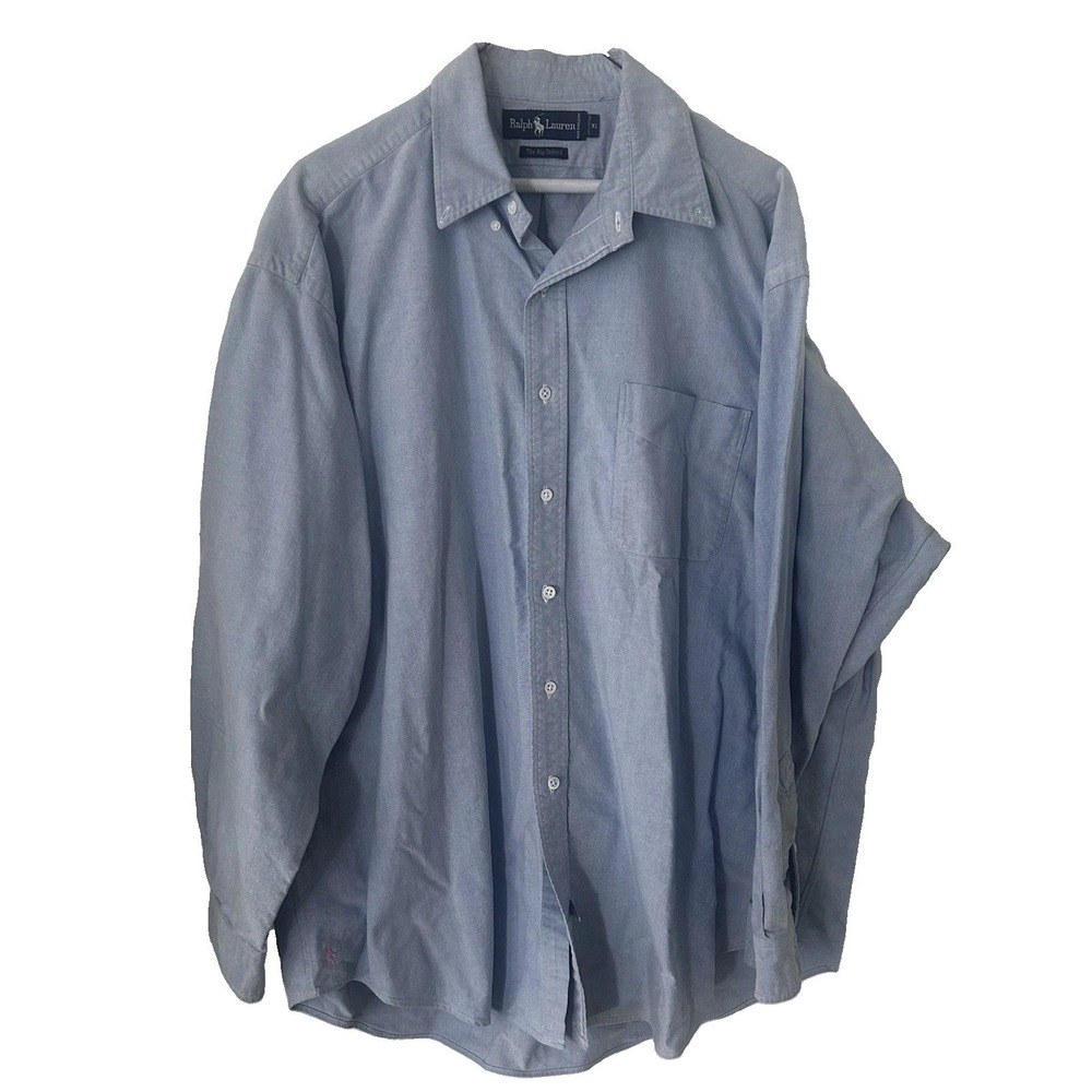 Ralph Lauren "The Big Oxford" XL Vintage 90s Blue Chambray Pink Pony At Hem Flaw